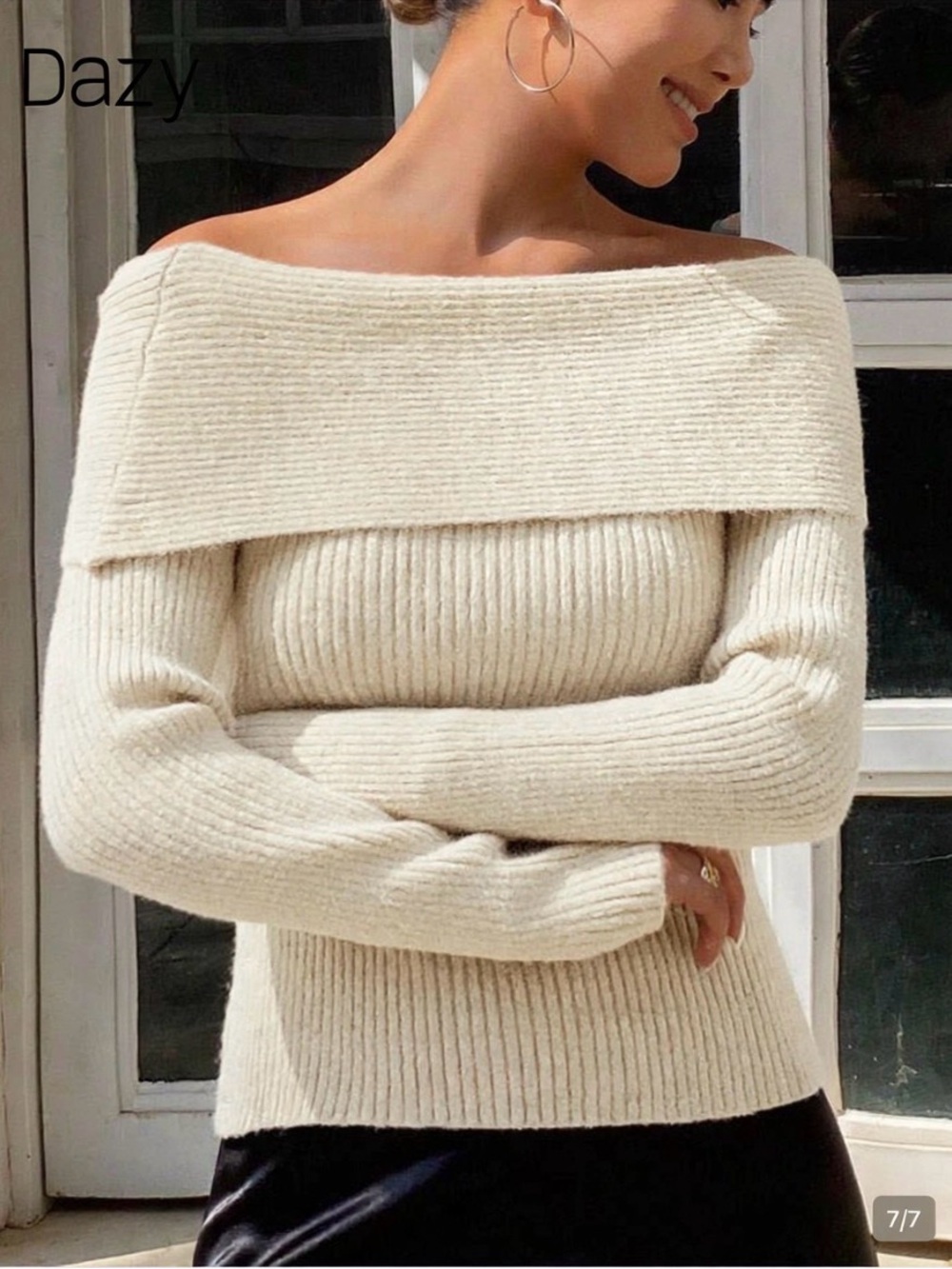 Women’Off-Shoulder fuzzy knit Sweater in Cream